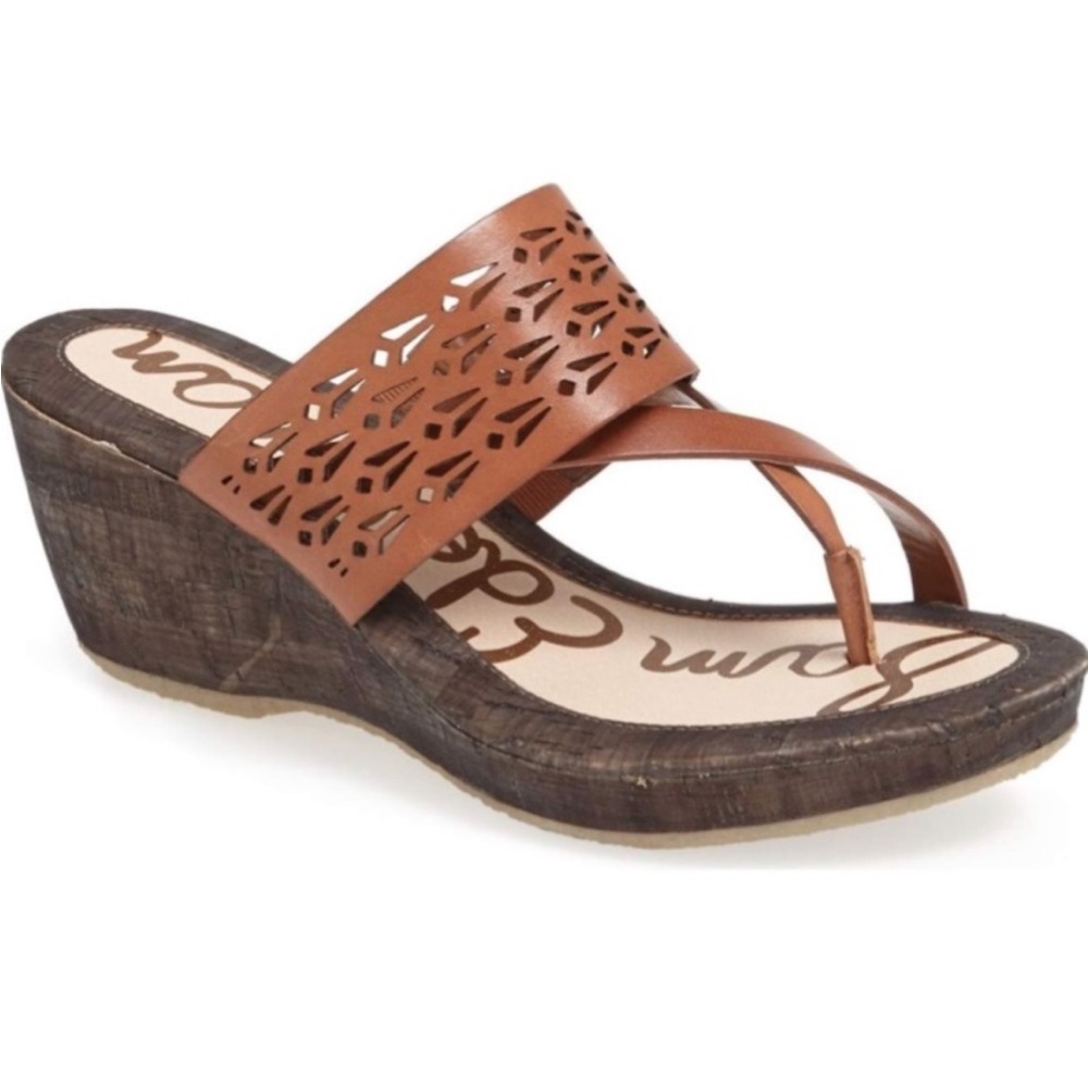 Sam Edelman Tan Laser-Cut Leather Wedge Sandals